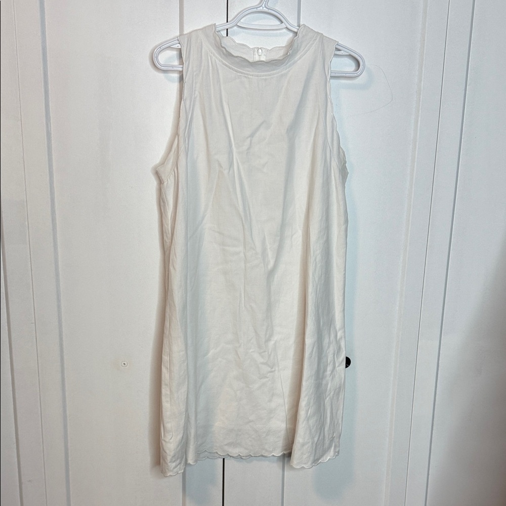 Priv Elegant White Sleeveless Dress - Scalloped shoulder & neckline - XL - Linen